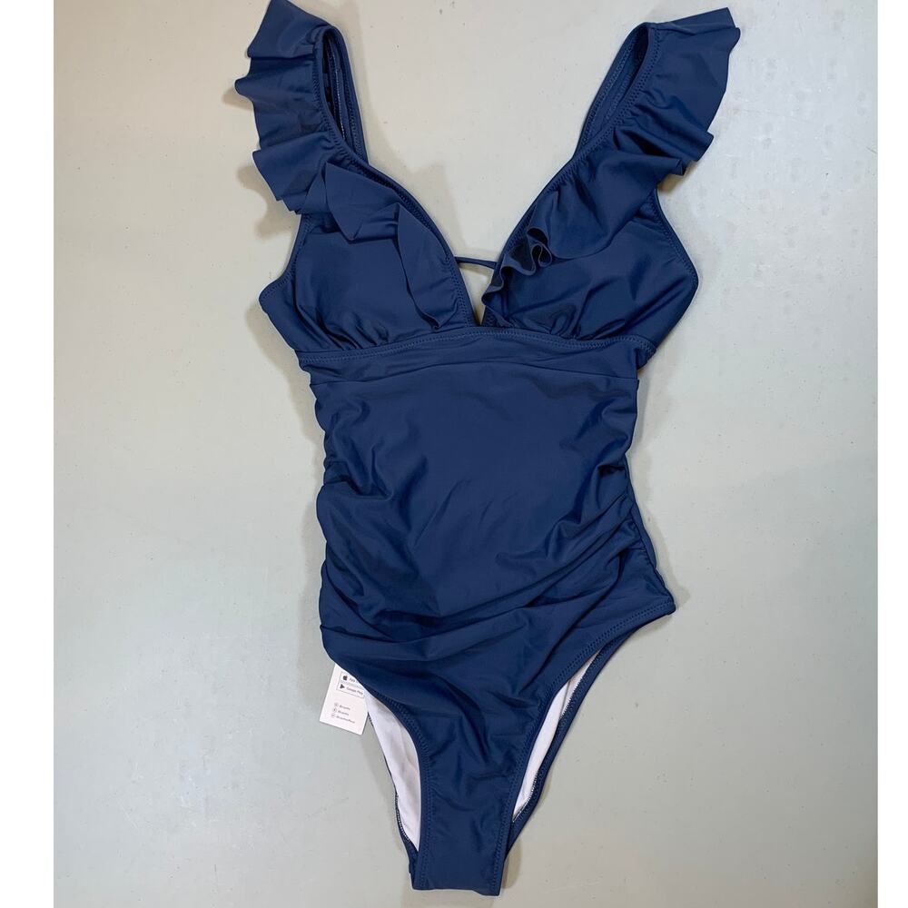Cupshe Blue One Piece Swimsuit Sz Small NWT Ruffle Shoulder Ruched Cutout Back